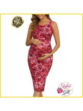 Maternity Mesh Wedding Guest Formal Dress Sleeveless Midi Bodycon